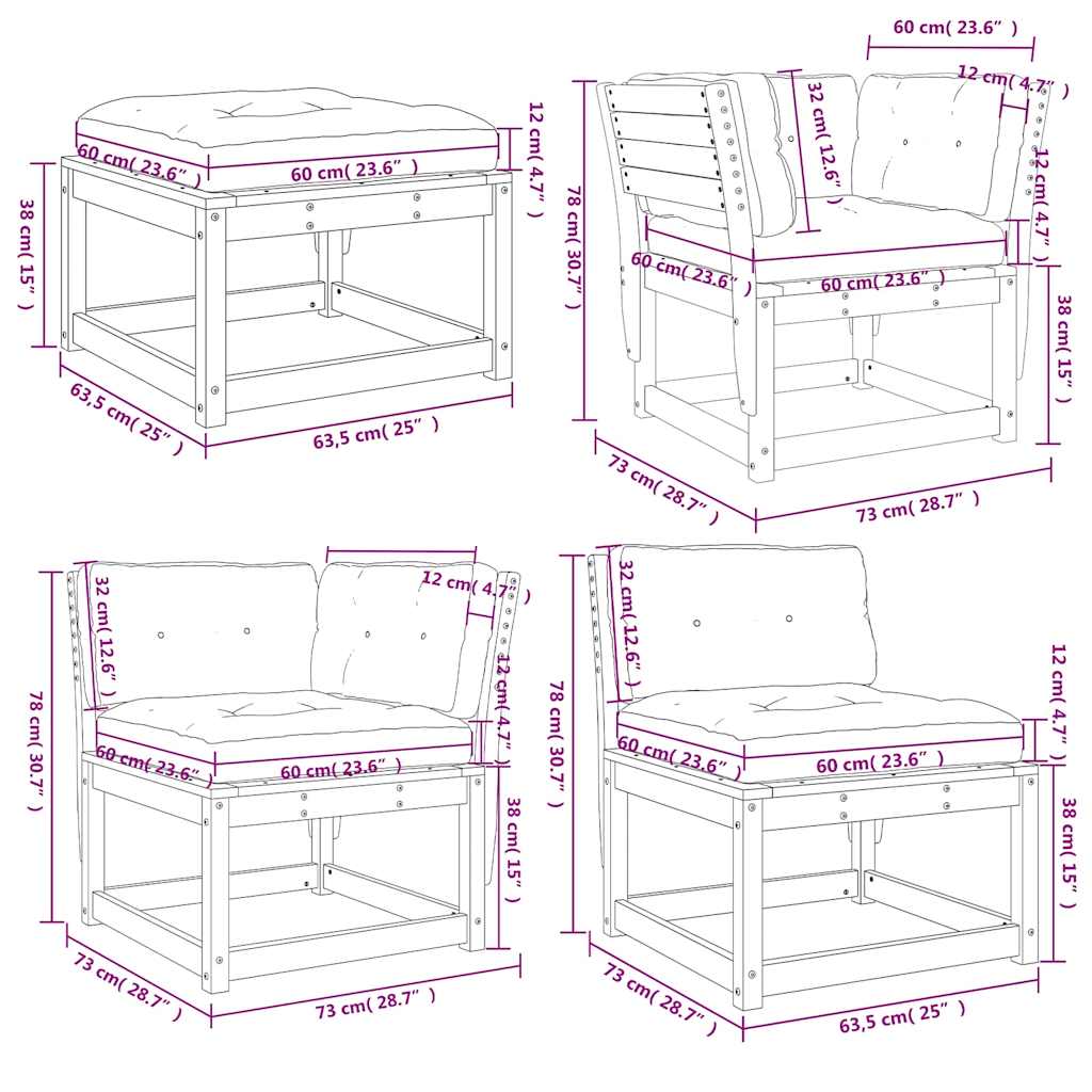 5 Piece Garden Lounge Set with Cushions White Solid Wood Pine