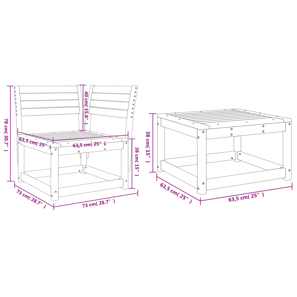 Garden Sofa Set | Natural wood | Solid pine wood | 3 Piece Set