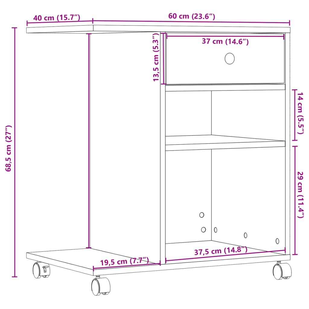 Printer Stand with Wheels White 60x40x68,5 cm