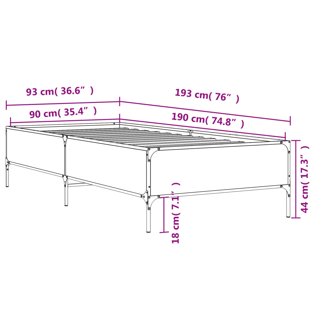 Bed Frame without Mattress Grey Sonoma 90x190 cm Single