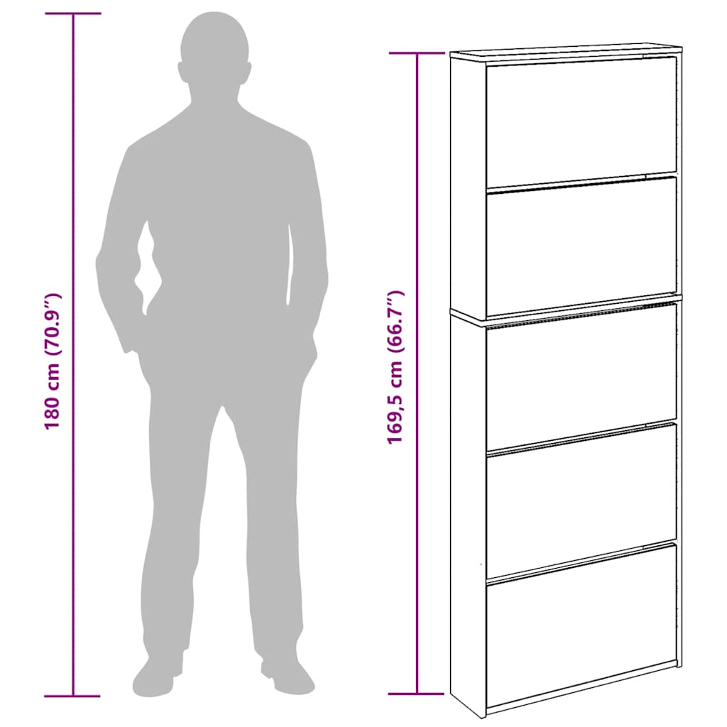 Shoe Cabinet with Mirror 5-Layer High Gloss White 63x17x169,5 cm