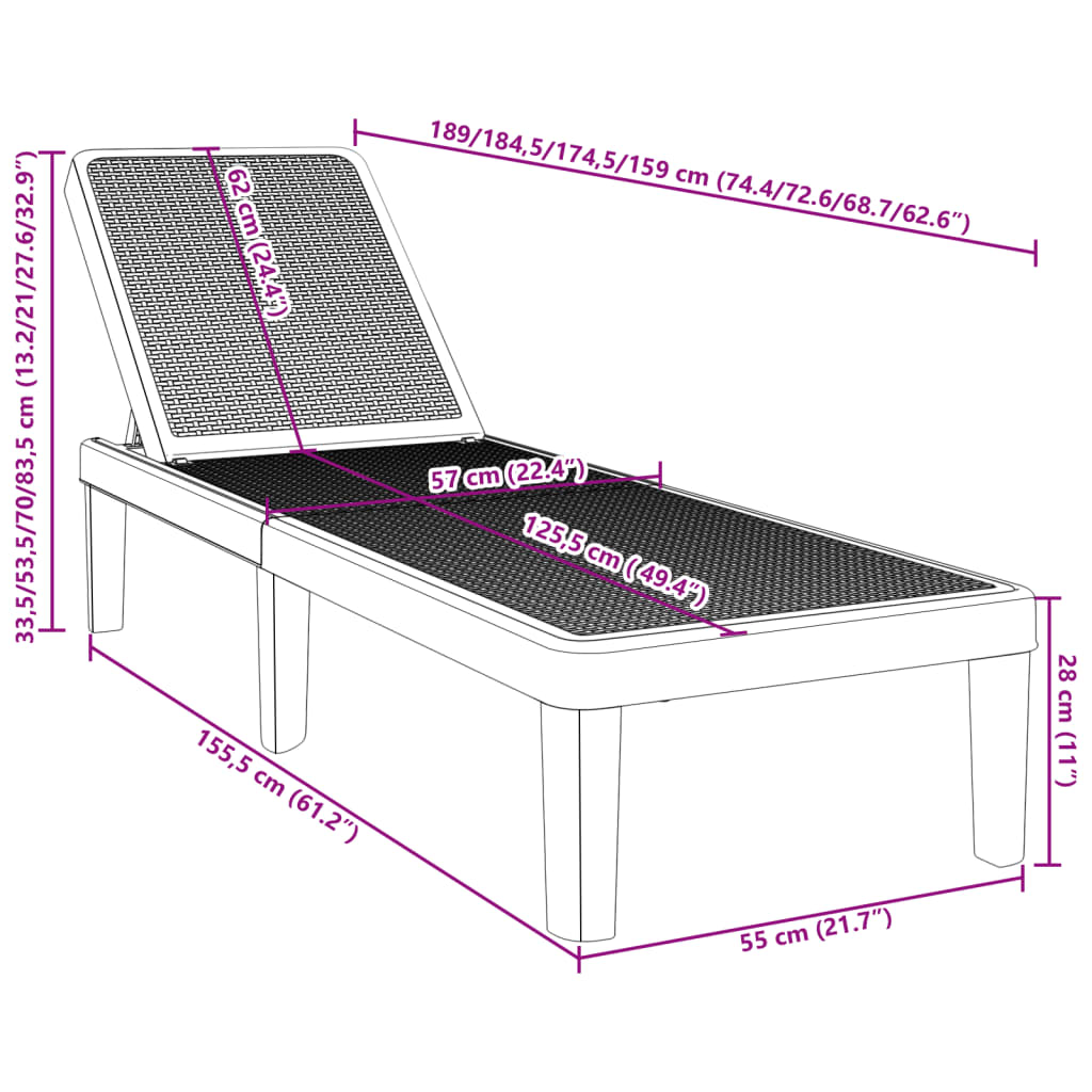 4-Way Height Adjustable Sun Lounger 155,5x57x28 cm Polypropylene