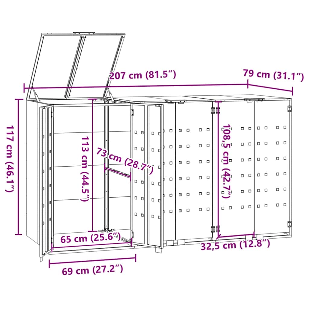 Wheelie Bin Storage for 3 Bins Black 207x79x117 cm Steel