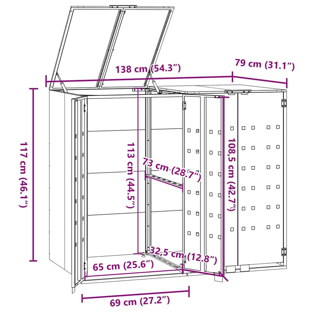 Wheelie Bin Storage for 2 Bins Grey 138x79x117 cm Steel