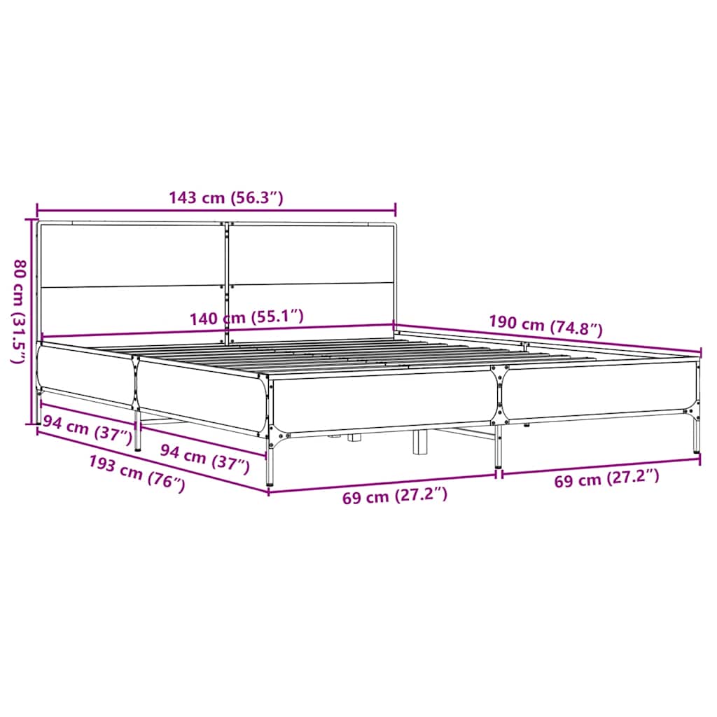 Bed Frame without Mattress Grey Sonoma 140x190 cm