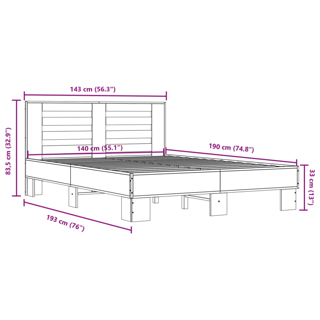 Bed Frame without Mattress Sonoma Oak 140x190 cm
