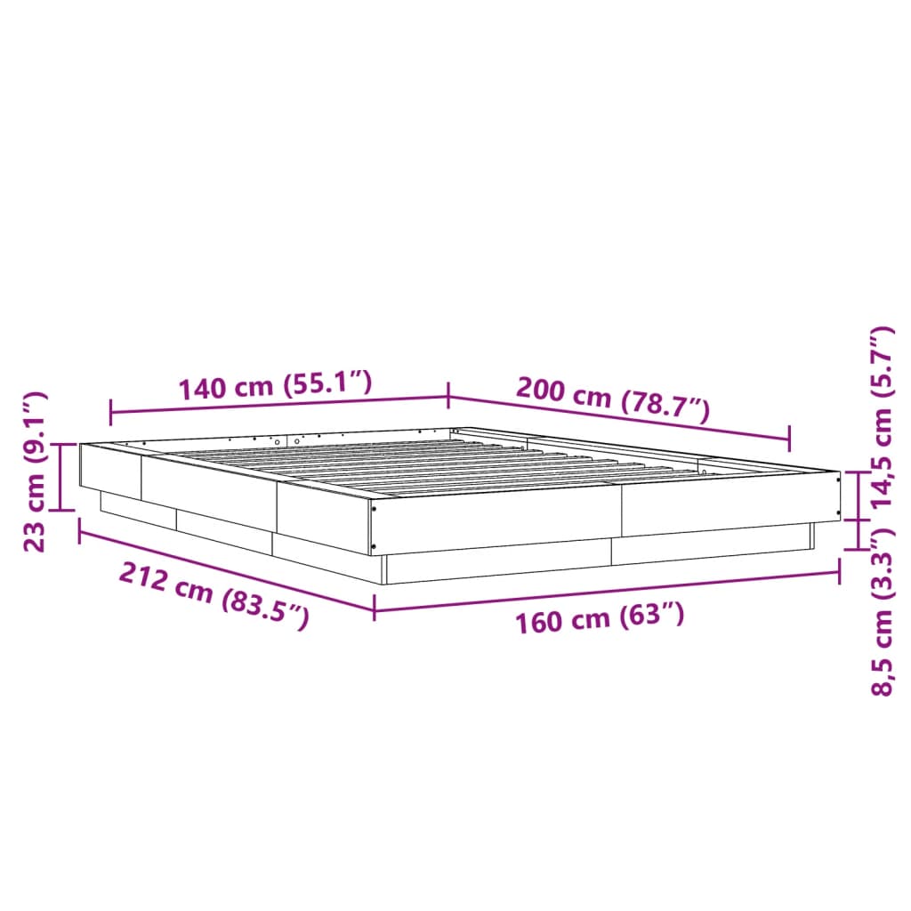 Bed Frame without Mattress Grey Sonoma 140x200 cm