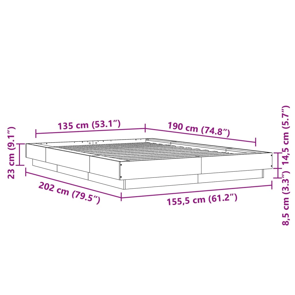 Bed Frame without Mattress Grey Sonoma 135x190 cm Double