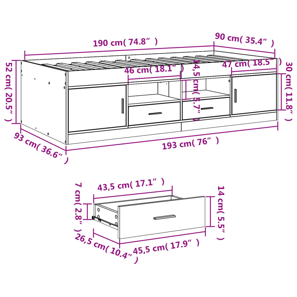 Daybed with Drawers without Mattress Concrete Grey 90x190 cm Single