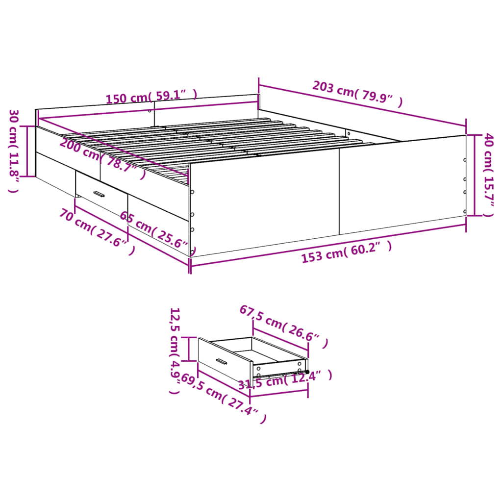 Bed Frame with Drawers without Mattress Grey Sonoma 150x200 cm King Size