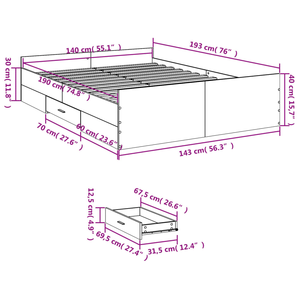 Bed Frame with Drawers without Mattress Smoked Oak 140x190 cm