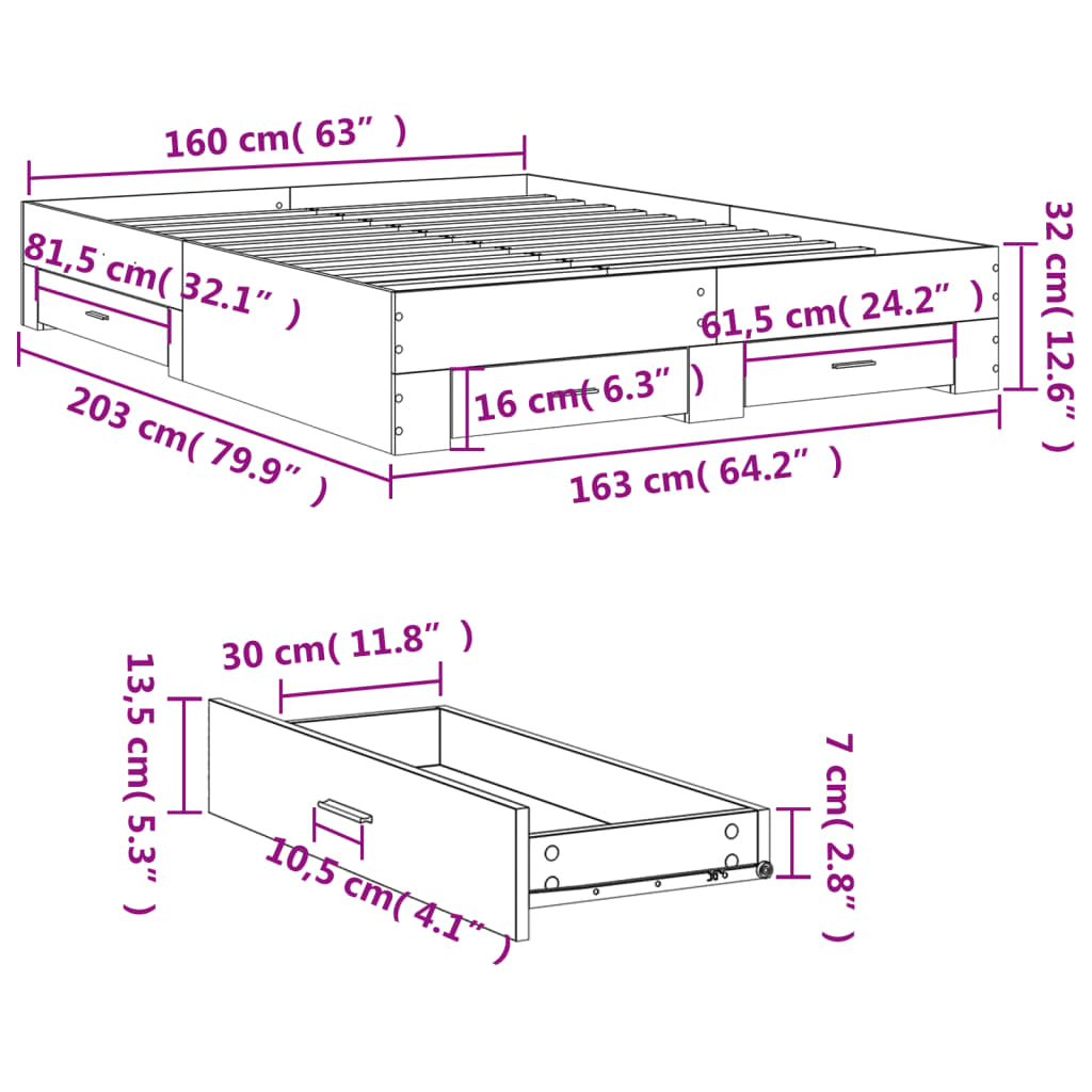 Bed Frame with Drawers without Mattress Concrete Grey 160x200 cm