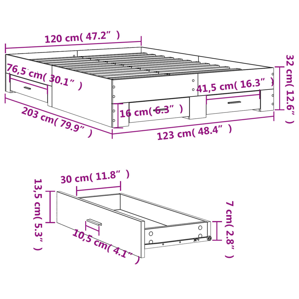 Bed Frame with Drawers without Mattress Grey Sonoma 120x200 cm