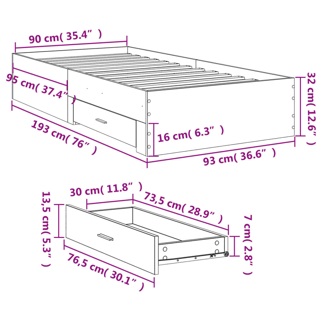 Bed Frame with Drawers without Mattress White 90x190 cm Single