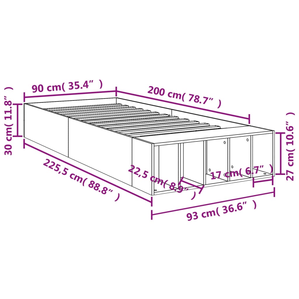 Bed Frame without Mattress Grey Sonoma 90x200 cm
