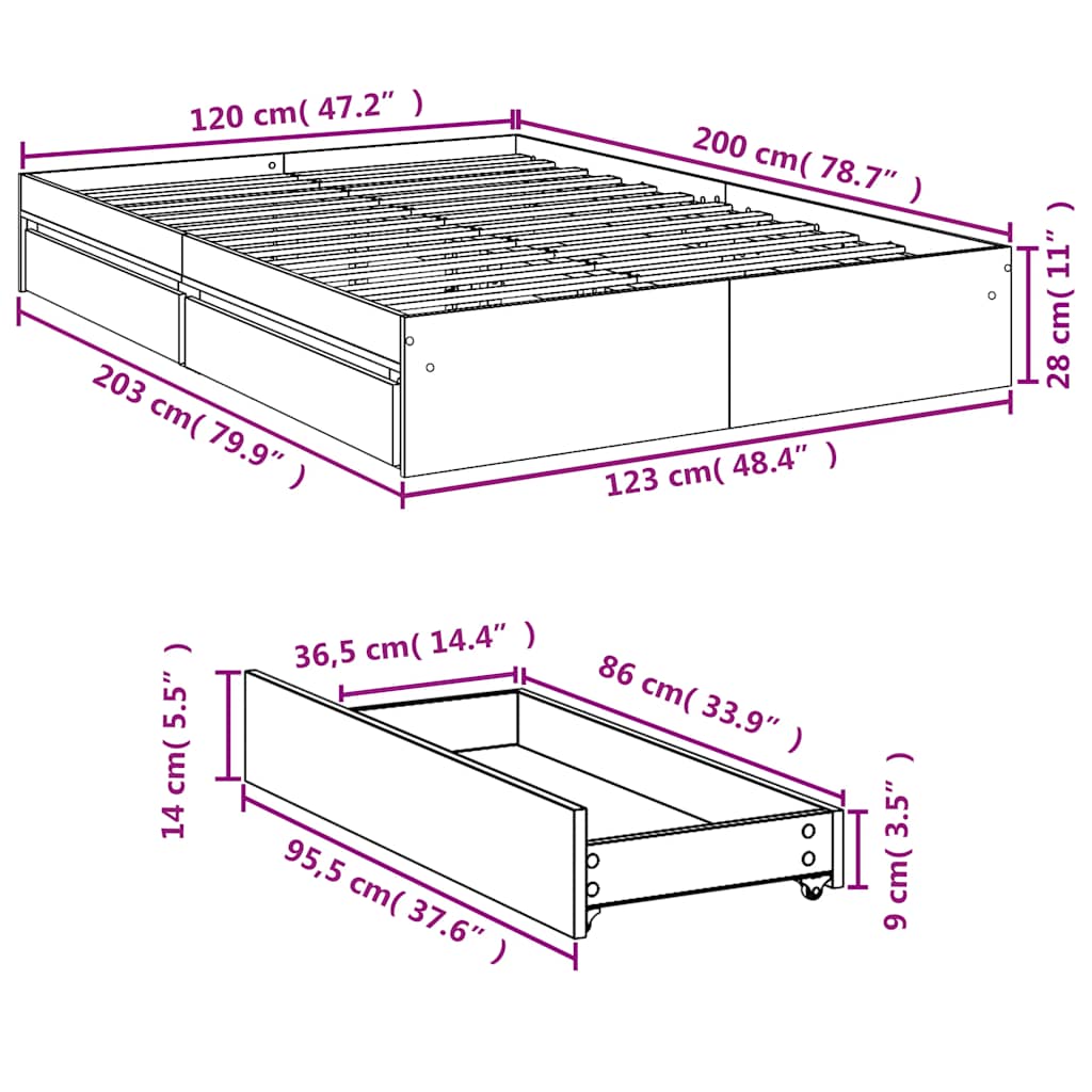 Bed Frame with Drawers without Mattress White 120x200 cm