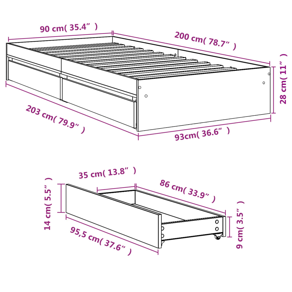 Bed Frame with Drawers without Mattress White 90x200 cm