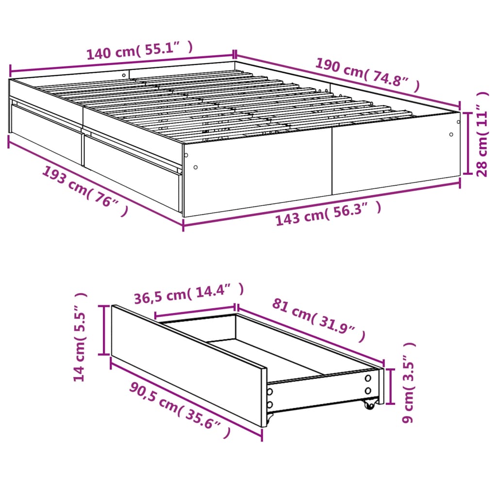 Bed Frame with Drawers without Mattress White 140x190 cm