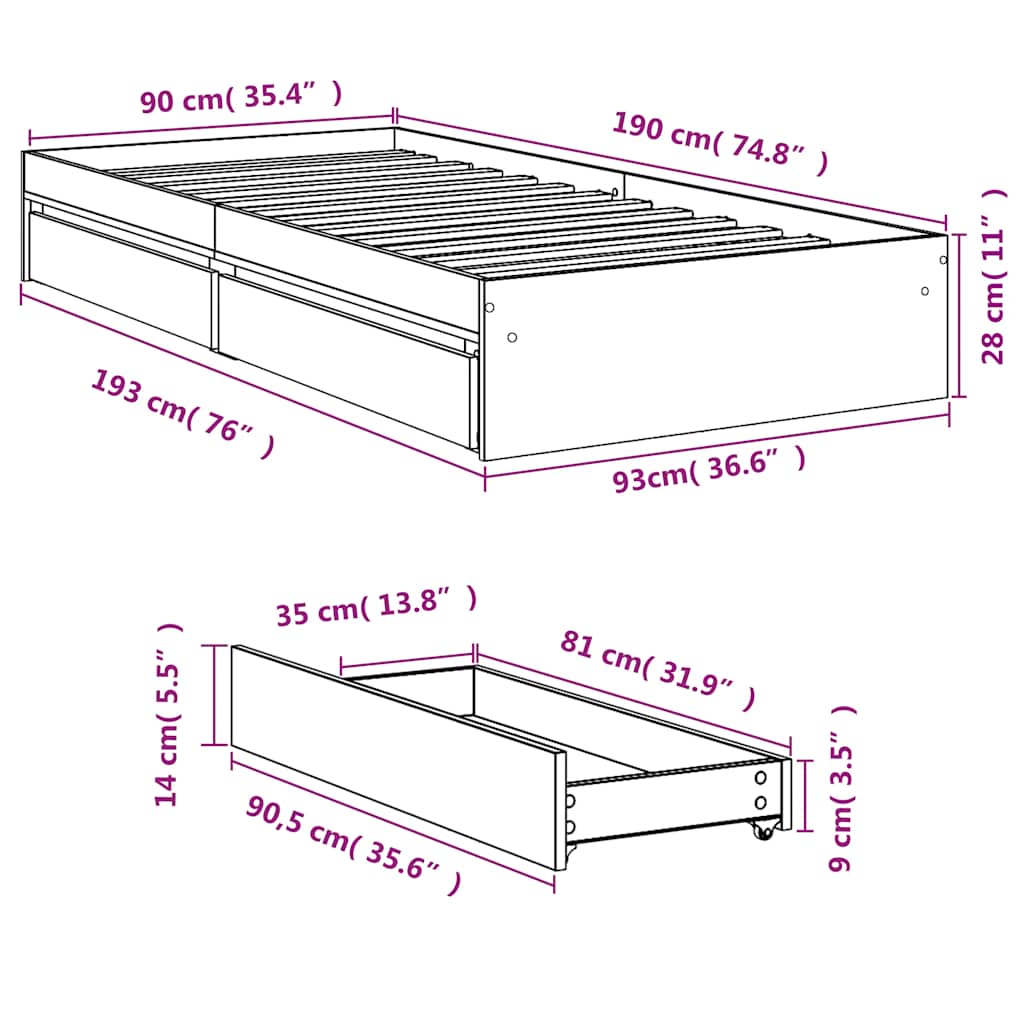 Bed Frame with Drawers without Mattress Smoked Oak 90x190 cm Single