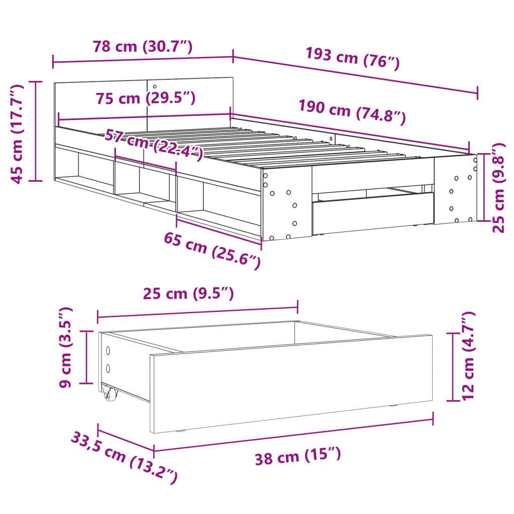 Bed Frame with Drawer without Mattress Sonoma Oak 75x190 cm Small Single