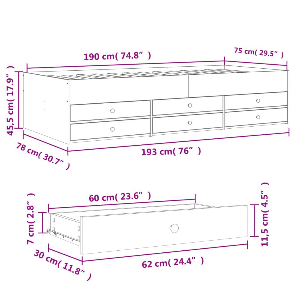 Daybed with Drawers without Mattress Smoked Oak 75x190 cm Small Single