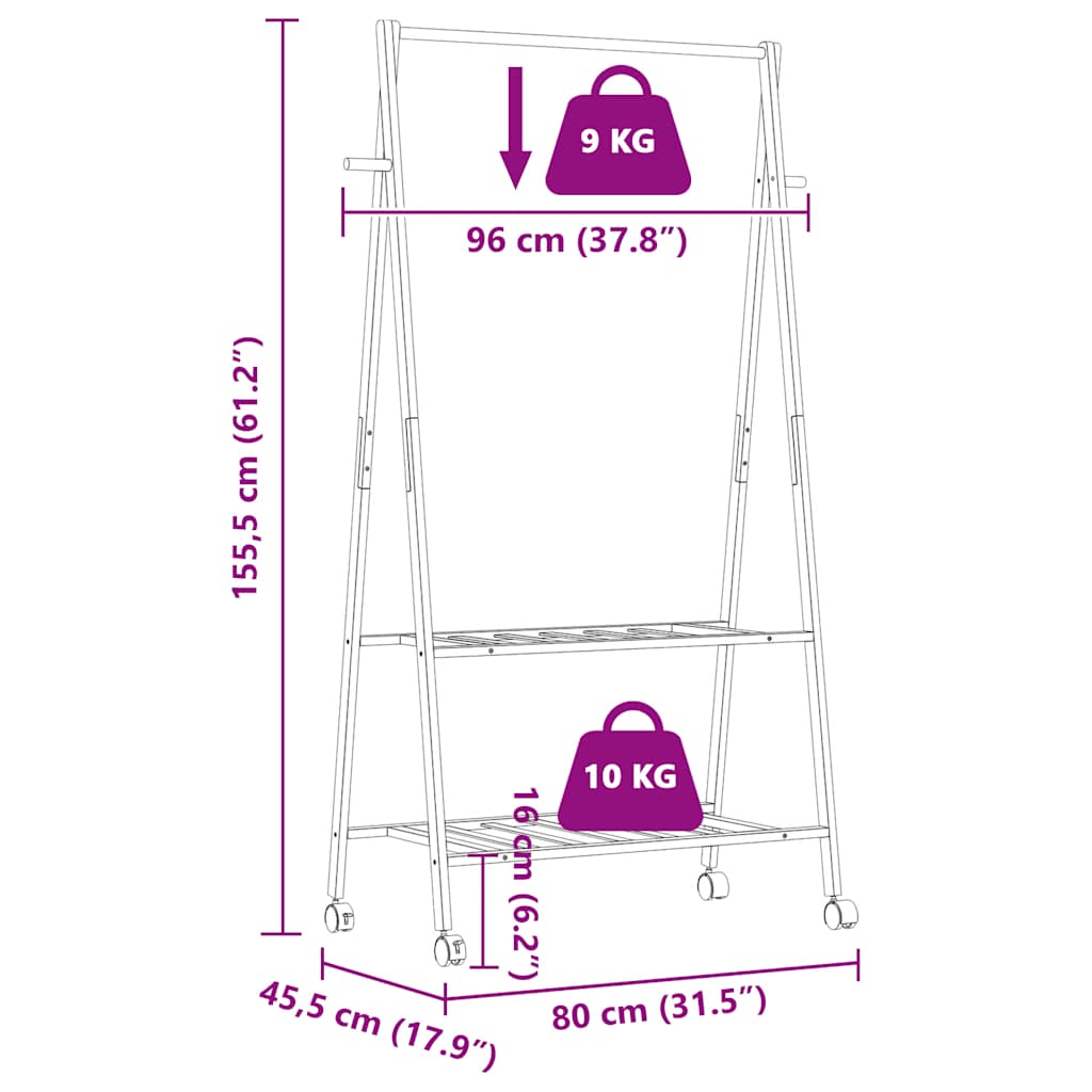 Clothes Rack with Shelves and Wheels 96x45,5x155,5 cm Bamboo