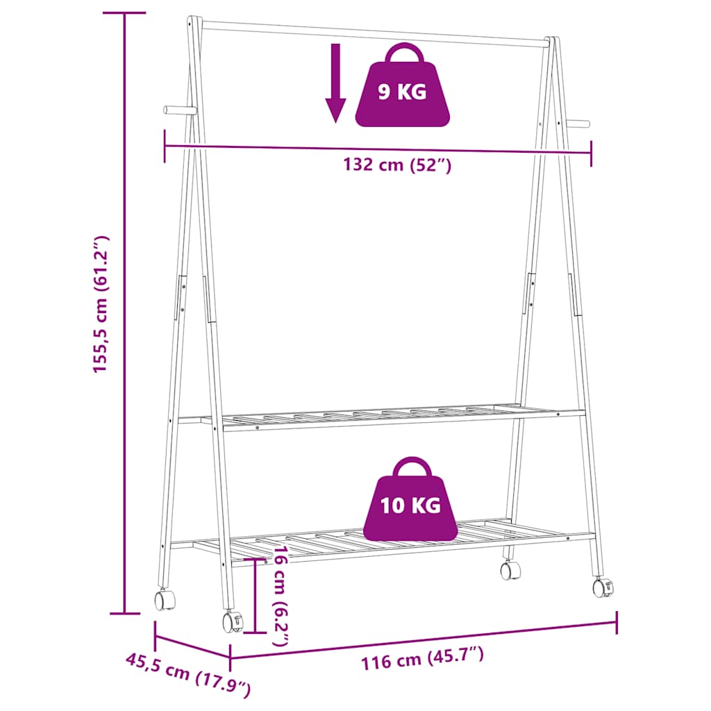 Clothes Rack with Shelves and Wheels 132x45,5x155,5 cm Bamboo
