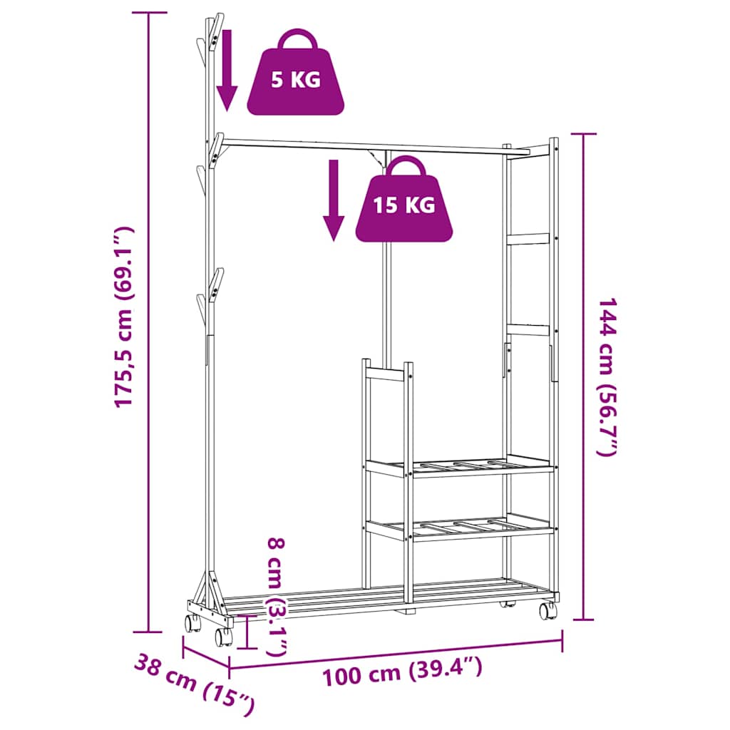 Clothes Rack with Shelves and Wheels 100x38x175,5 cm Bamboo