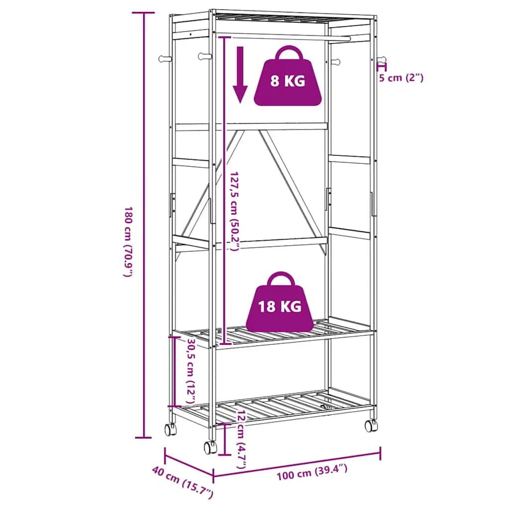 Clothes Rack with Shelves and Wheels 90x40x179,5 cm Bamboo