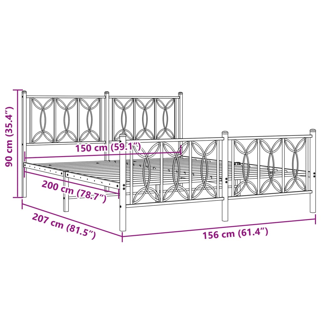 Metal Bed Frame without Mattress with Footboard Black 150x200cm