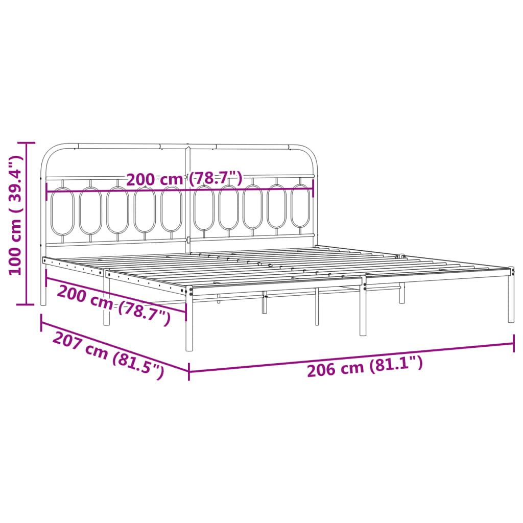 Metal Bed Frame without Mattress with Headboard Black 200x200cm