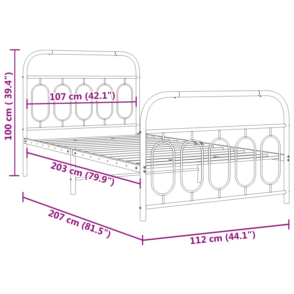 Metal Bed Frame without Mattress with Footboard Black 107x203cm