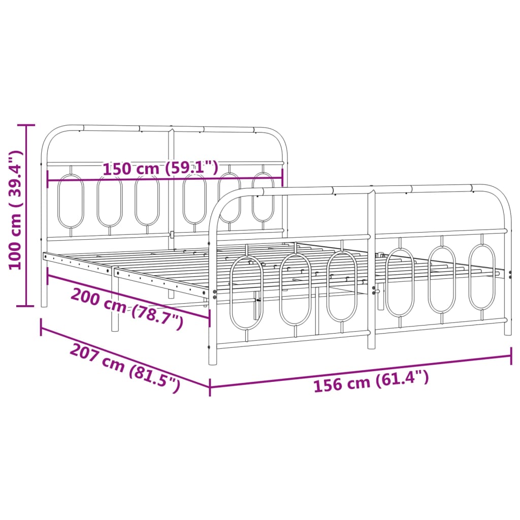 Metal Bed Frame without Mattress with Footboard Black 150x200cm