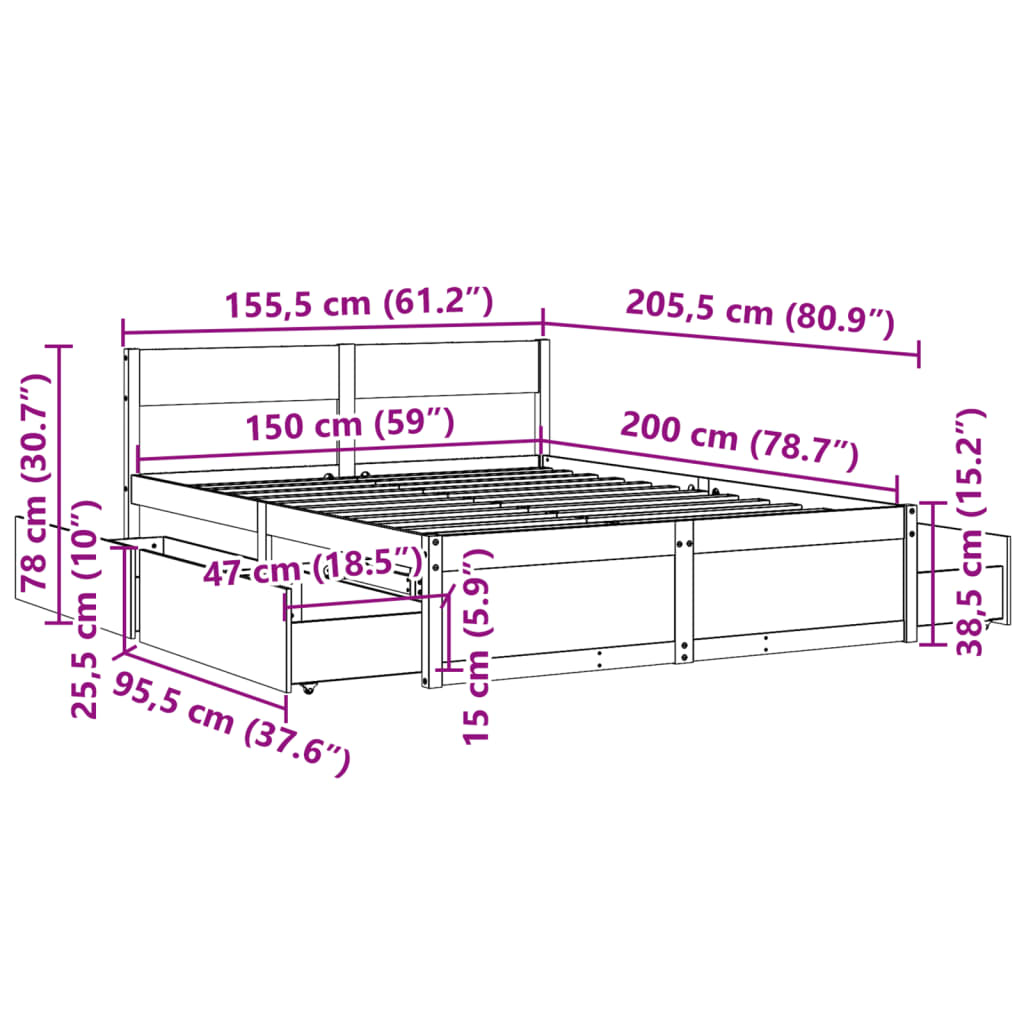 Bed Frame without Mattress 150x200 cm King Size Solid Wood Pine