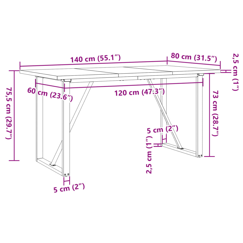 Dining Table O-Frame 140x80x75,5 cm Solid Wood Pine and Steel