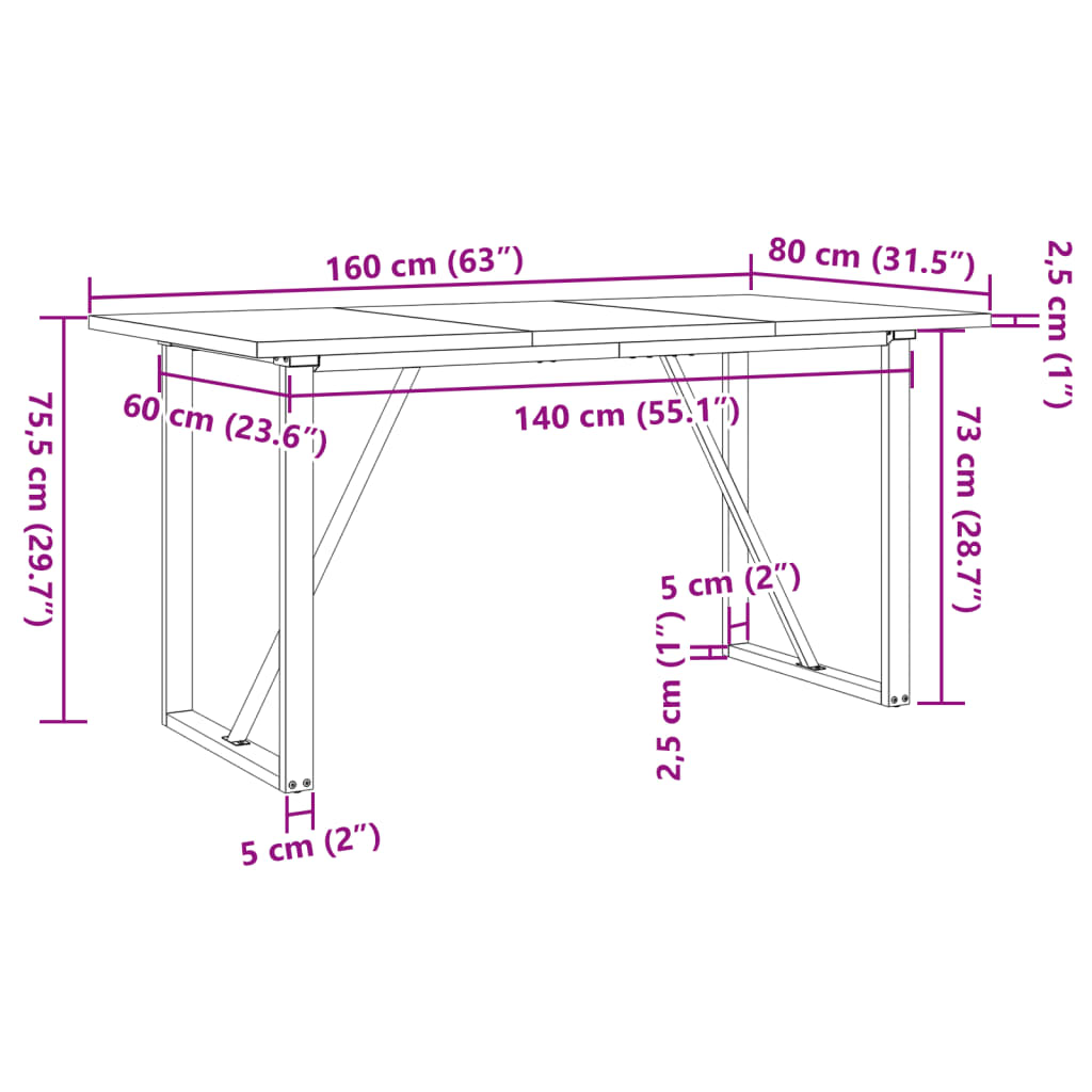 Dining Table O-Frame 160x80x75,5 cm Solid Wood Pine and Steel