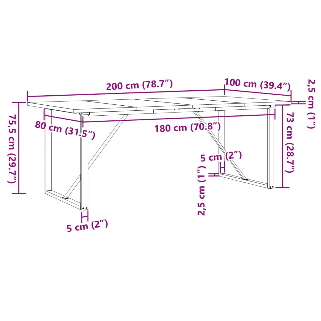 Dining Table O-Frame 200x100x75,5 cm Solid Wood Pine and Steel
