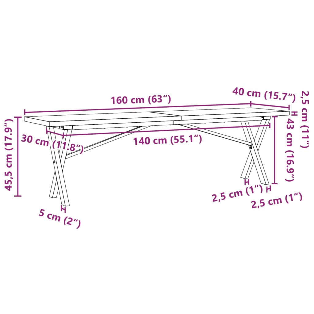 Coffee Table X-Frame 160x40x45,5 cm Solid Wood Pine and Steel