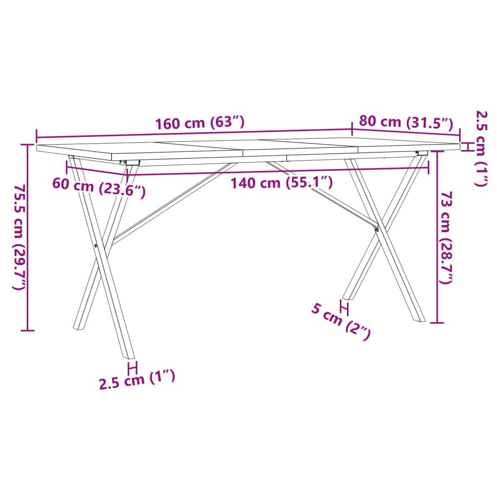 Dining Table X-Frame 160x80x75,5 cm Solid Wood Pine and Steel