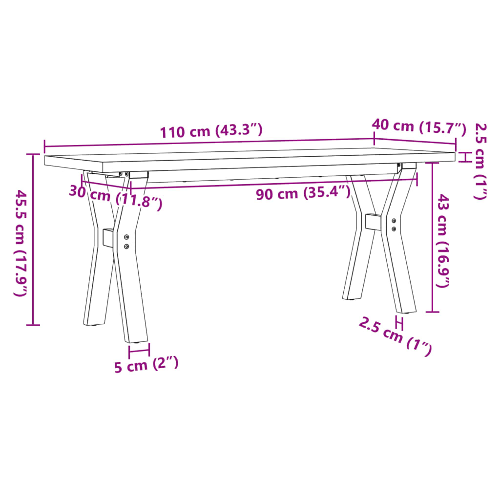Coffee Table Y-Frame 110x40x45,5 cm Solid Wood Pine and Steel