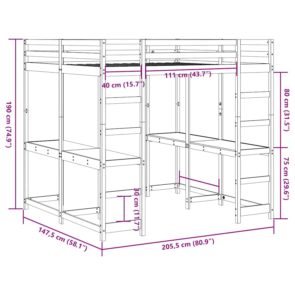 Loft Bed with Desk and Ladder 140x200 cm Solid Wood Pine