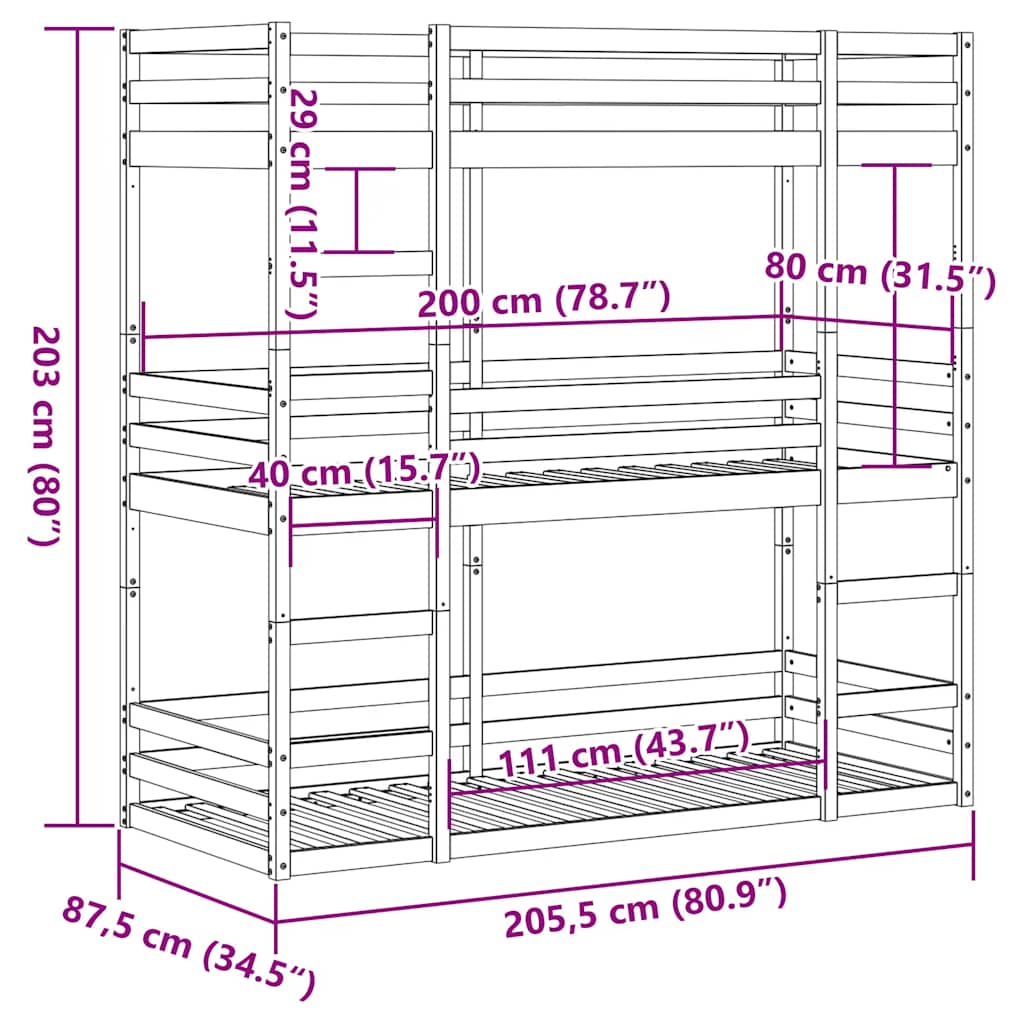 Triple Bunk Bed without Mattress 80x200 cm Solid Wood Pine