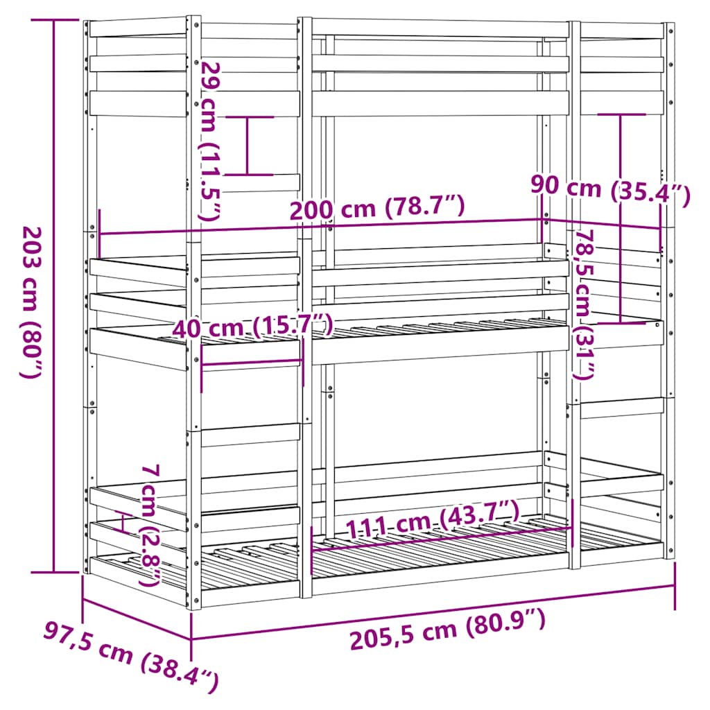 Triple Bunk Bed without Mattress White 90x200 cm Solid Wood Pine
