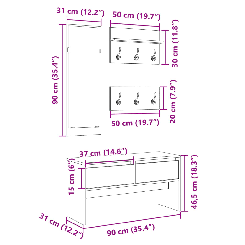 4 Piece Hallway Furniture Set Brown Oak Engineered Wood