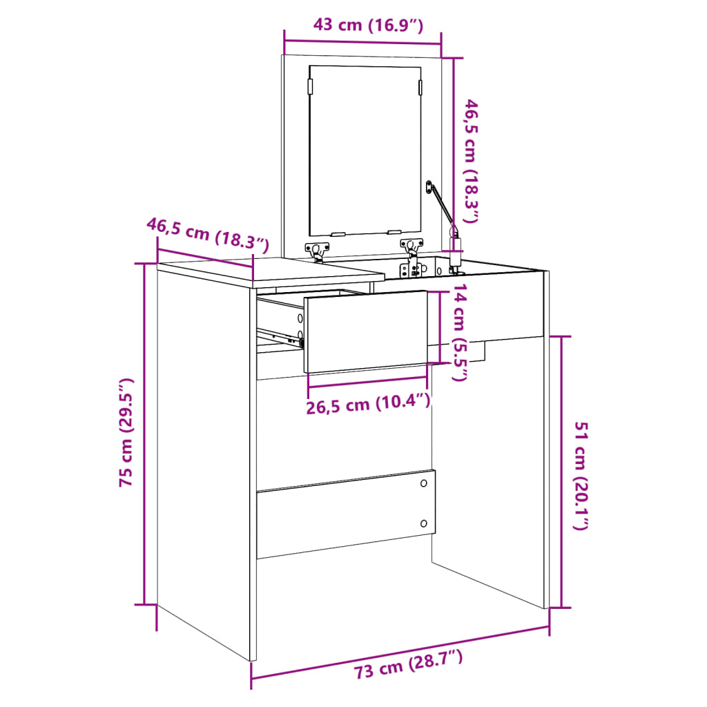 Dressing Table with Mirror Smoked Oak 73x46,5x120 cm