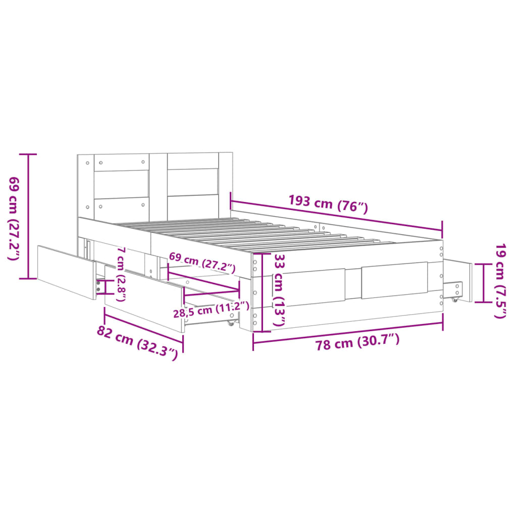 Bed Frame with Headboard without Mattress White 75x190 cm Small Single
