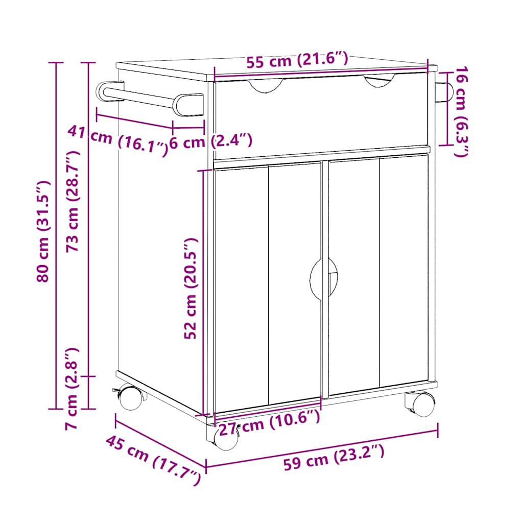 Kitchen Trolley "OTTA" 59x45x80 cm Solid Wood Pine