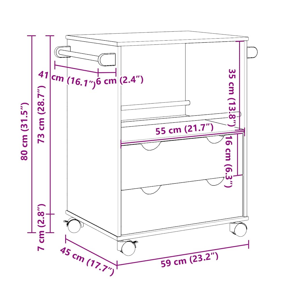 Kitchen Trolley "OTTA" 59x45x80 cm Solid Wood Pine