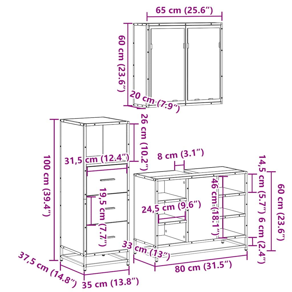 3 Piece Bathroom Furniture Set Grey Sonoma Engineered Wood