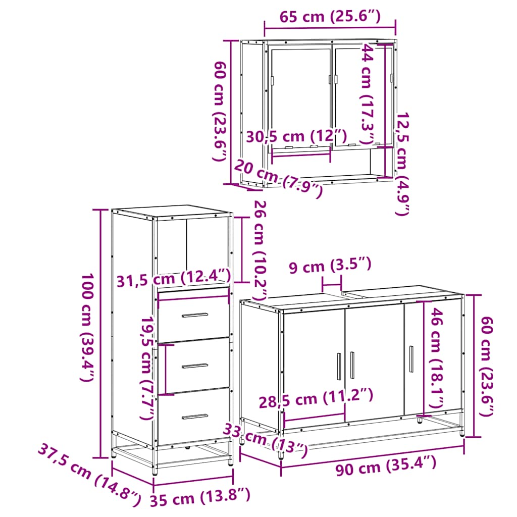 3 Piece Bathroom Furniture Set Grey Sonoma Engineered Wood